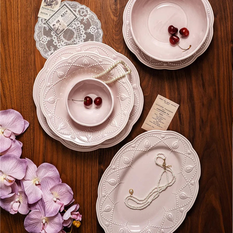 Pink Retro Embossed Ceramic Tableware Set