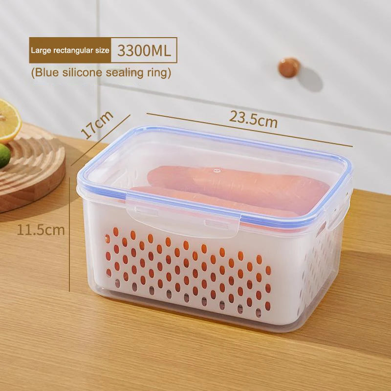 Double-Layer Fridge Organizer with Drain Basket & Sealed Lid