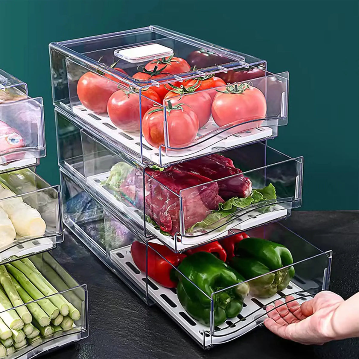 Stackable Fridge Organizer Bins with Drain Board