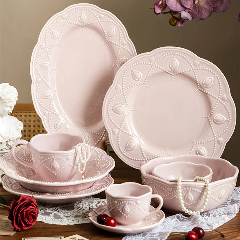 Pink Retro Embossed Ceramic Tableware Set