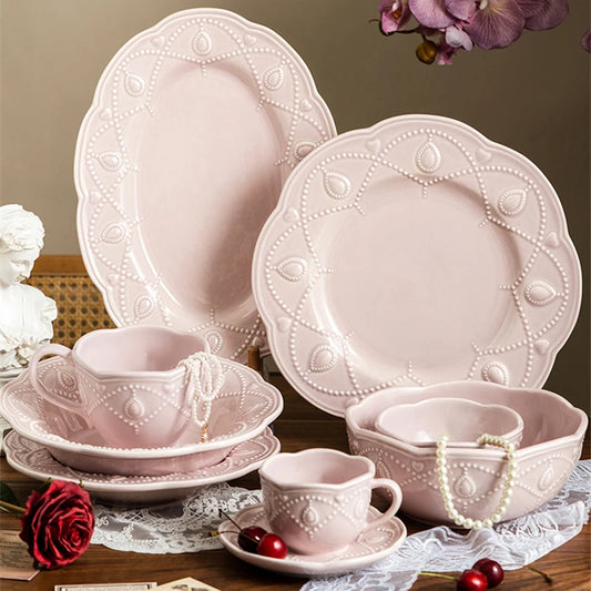 Pink Retro Embossed Ceramic Tableware Set