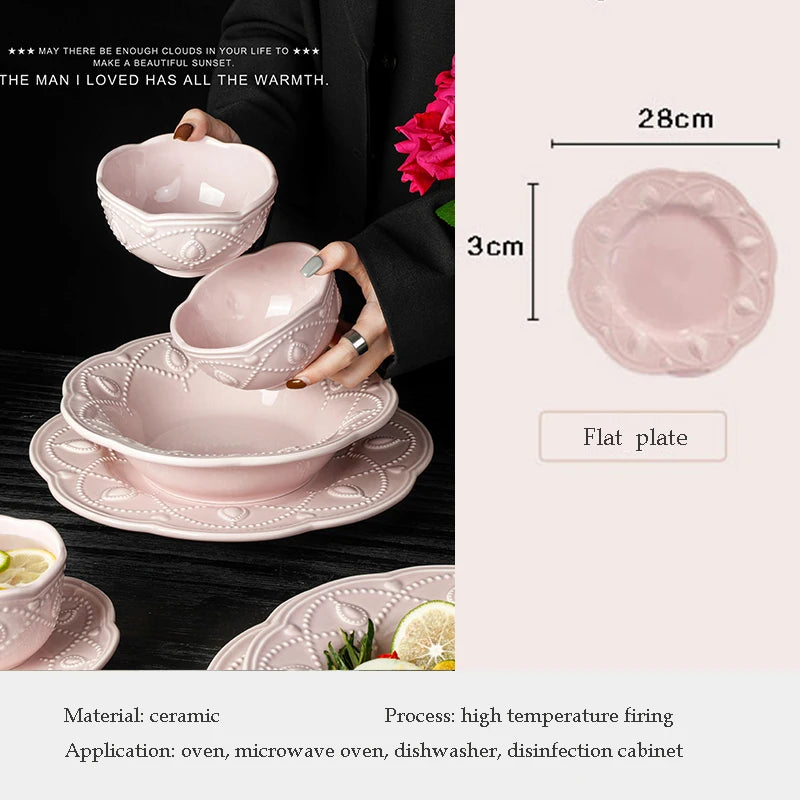 Pink Retro Embossed Ceramic Tableware Set