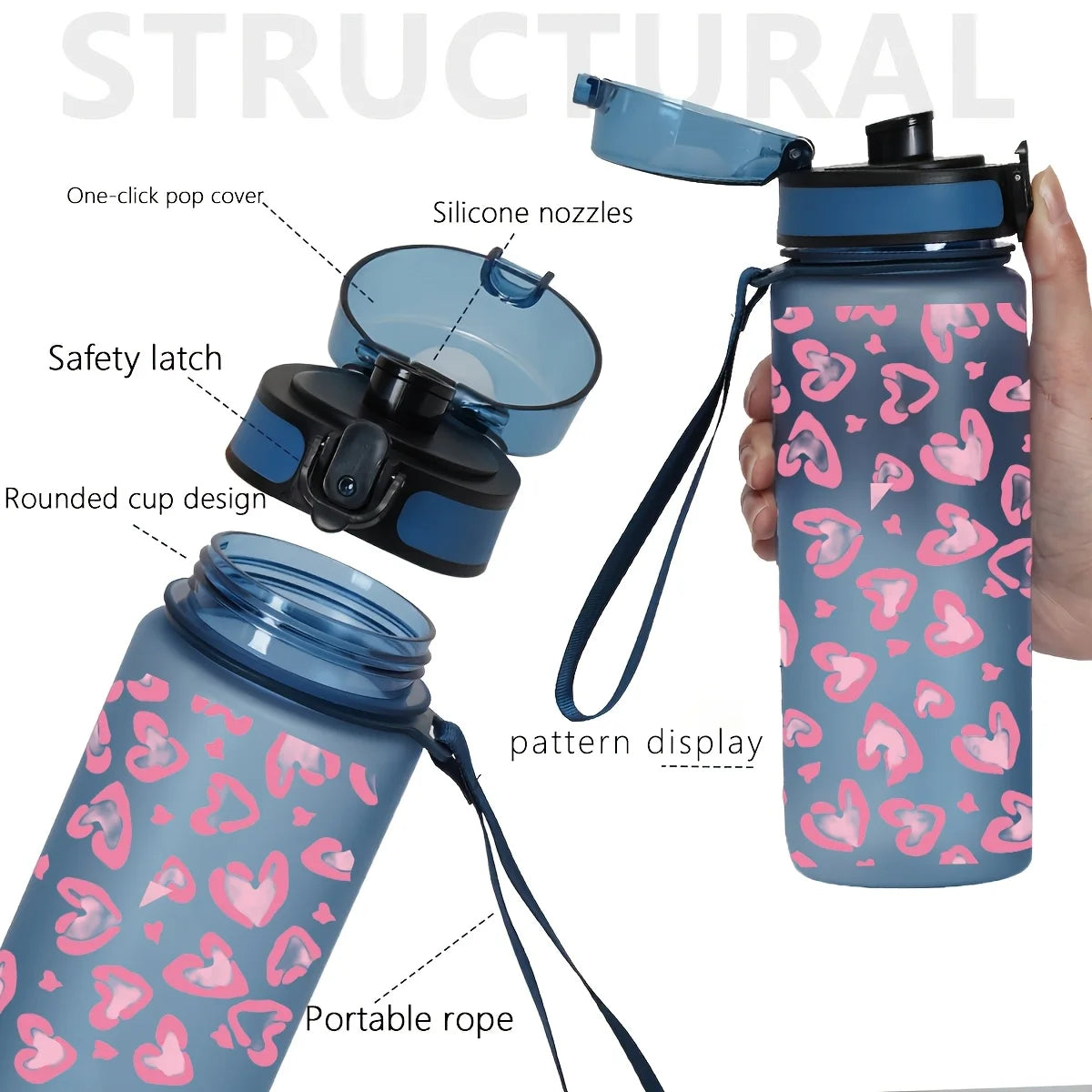 Heart Print Leakproof Sports Water Bottle 750ml