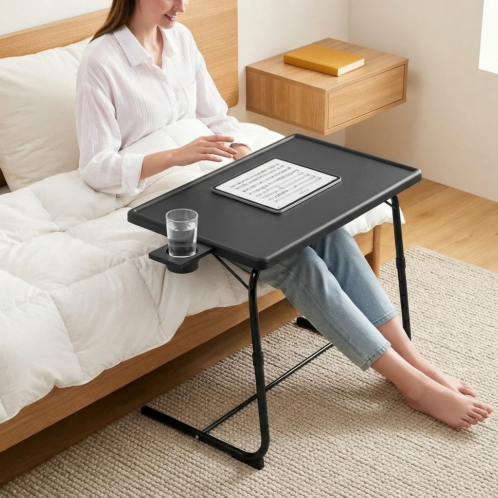 Adjustable TV Tray Table 2-Pack with Cup Holder – Black