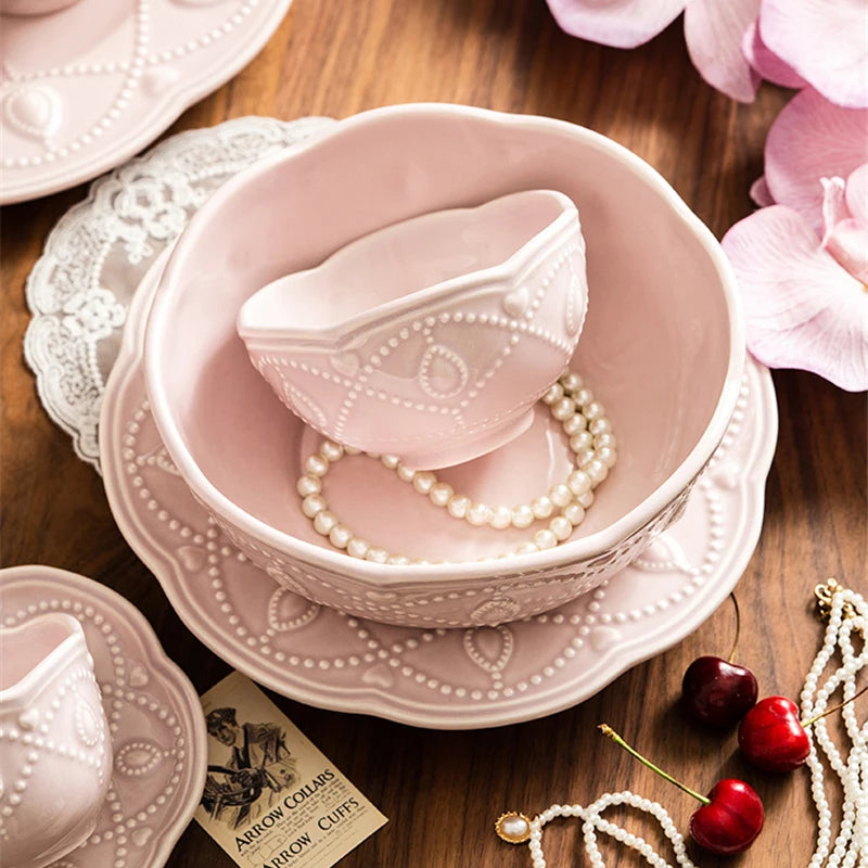 Pink Retro Embossed Ceramic Tableware Set