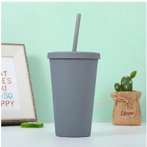 Double-Layer Frosted Straw Coffee Cup