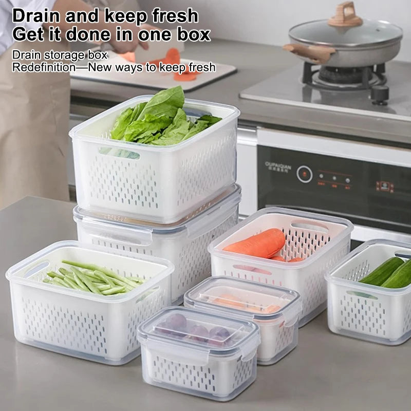 Double-Layer Fridge Organizer with Drain Basket & Sealed Lid