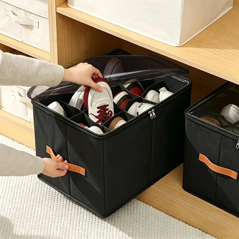 12-Grid Clear Foldable Shoe Organizer with Handle – Under Bed Storage