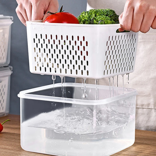 Double-Layer Fridge Organizer with Drain Basket & Sealed Lid