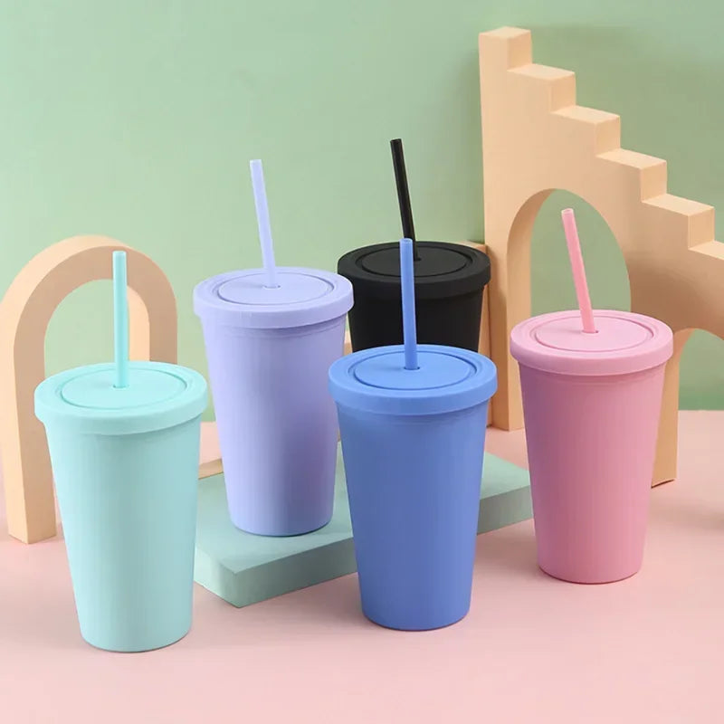 Double-Layer Frosted Straw Coffee Cup