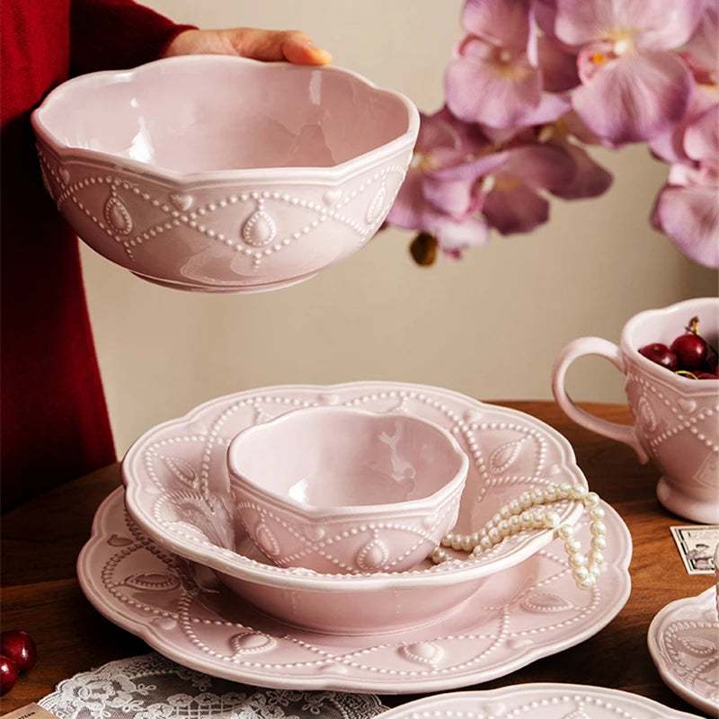Pink Retro Embossed Ceramic Tableware Set