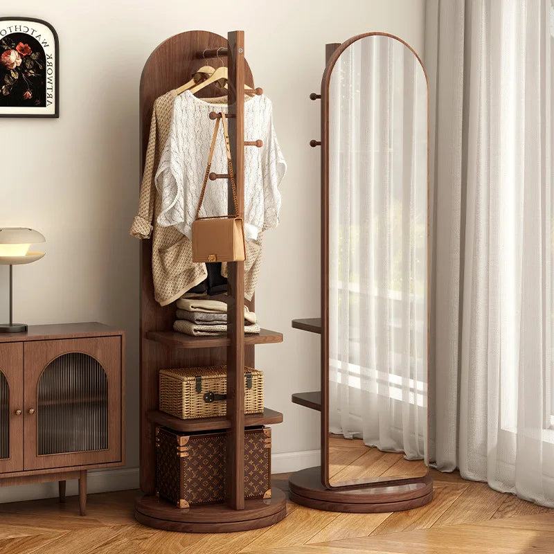 Rotating Full-Length Floor Mirror with Coat Hooks