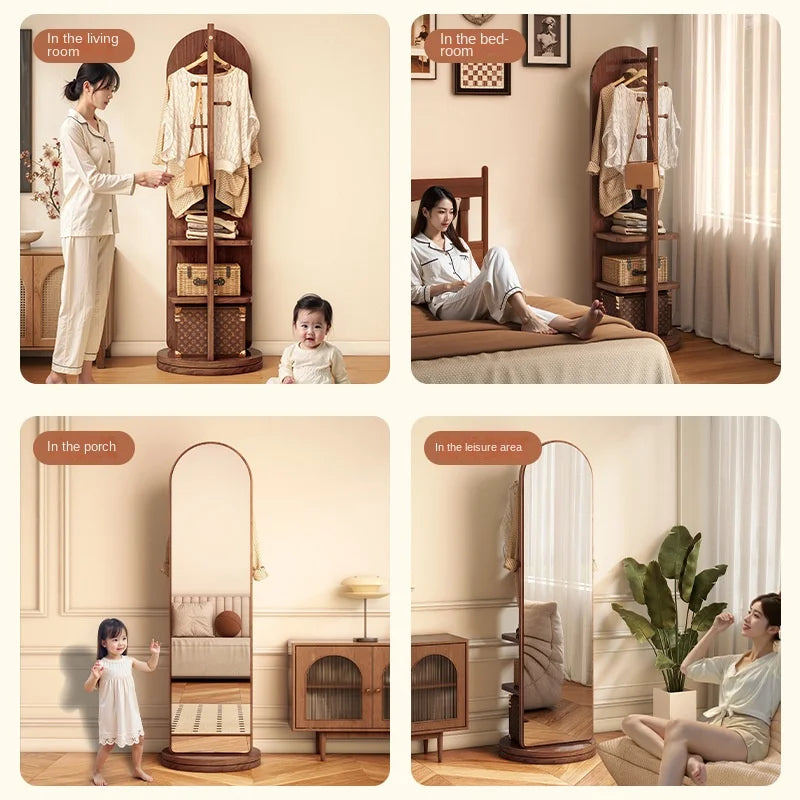 Rotating Full-Length Floor Mirror with Coat Hooks