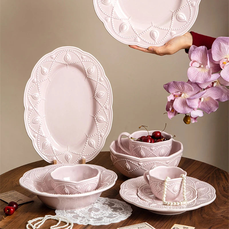 Pink Retro Embossed Ceramic Tableware Set