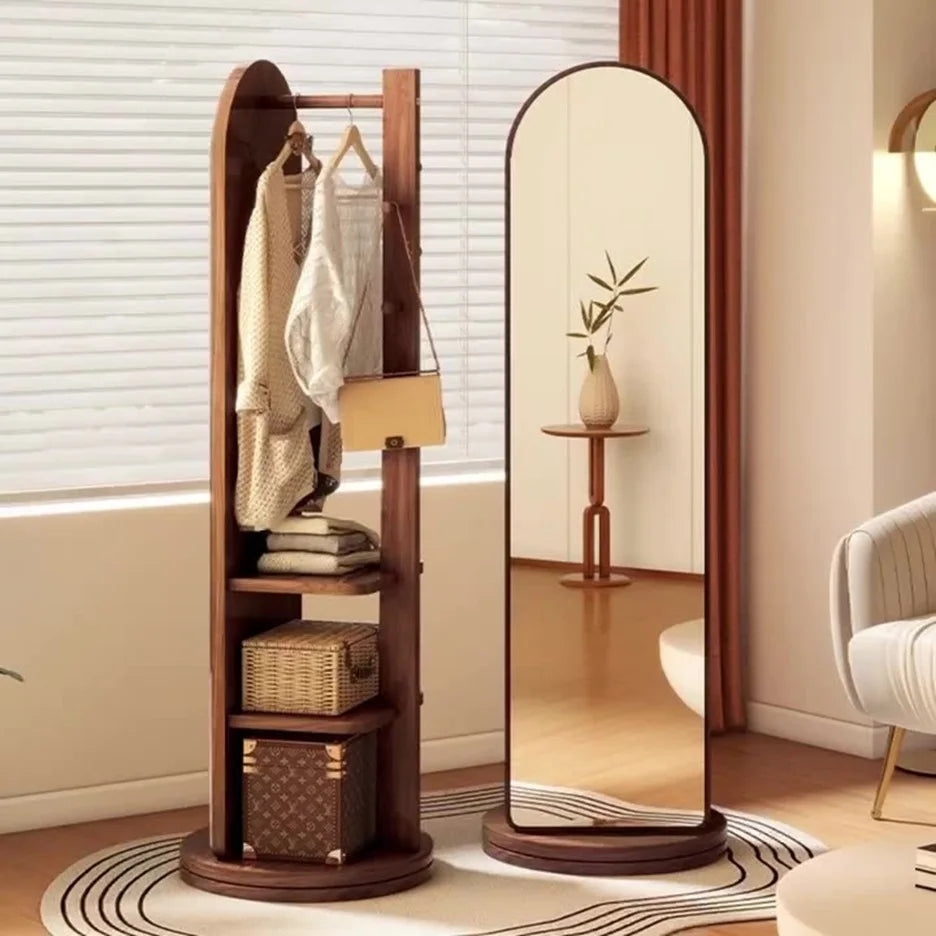 Rotating Full-Length Floor Mirror with Coat Hooks