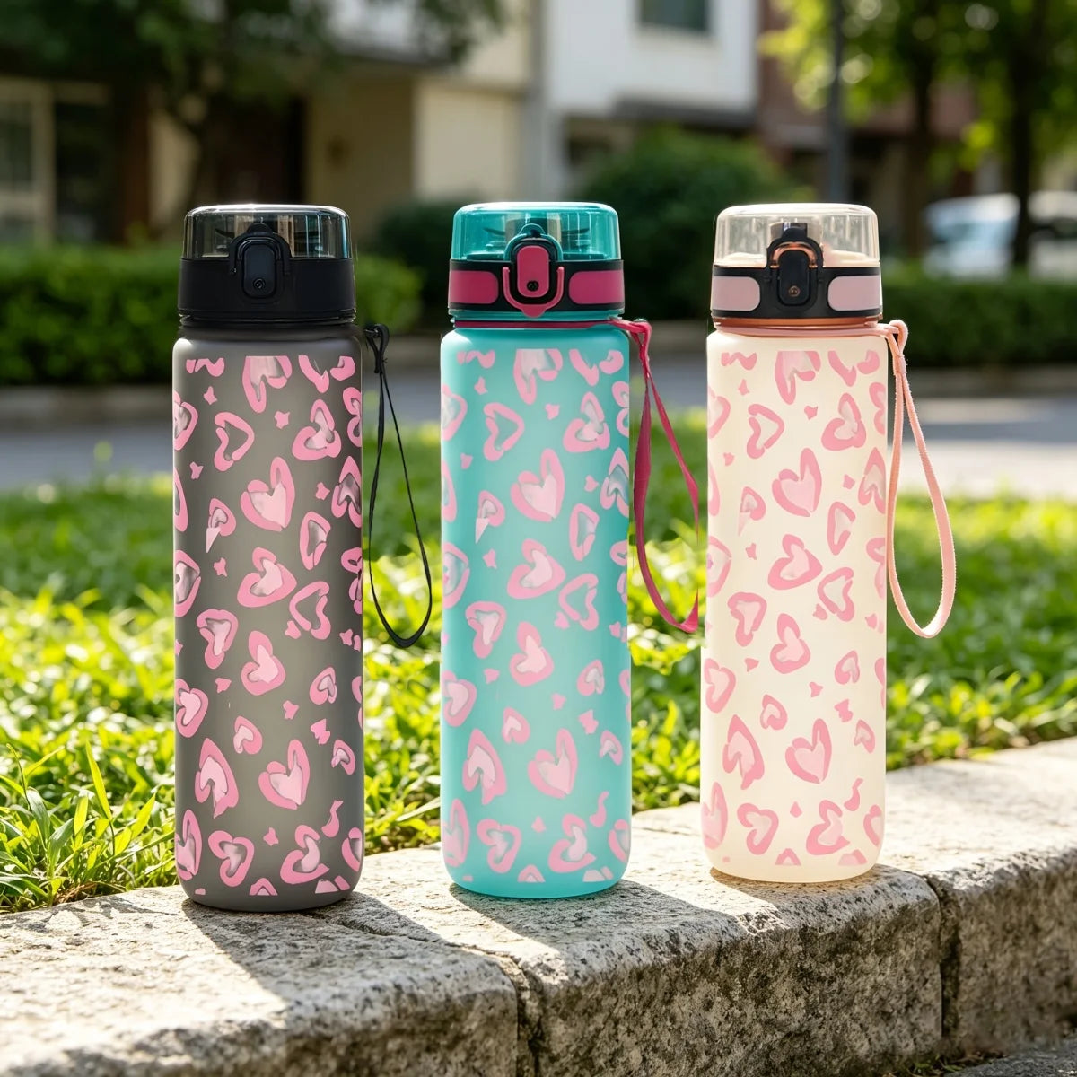 Heart Print Leakproof Sports Water Bottle 750ml