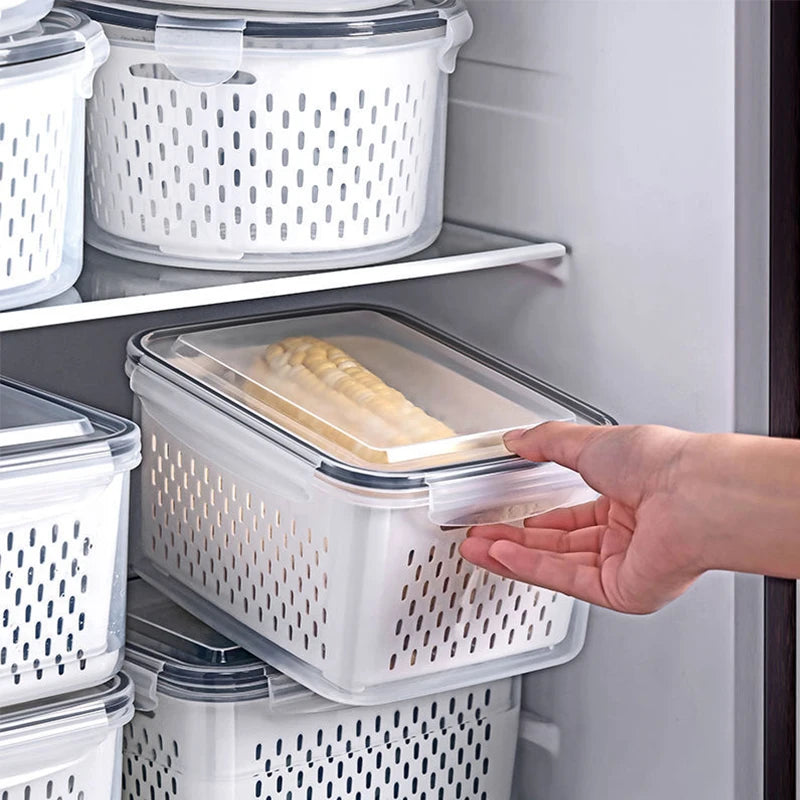 Double-Layer Fridge Organizer with Drain Basket & Sealed Lid