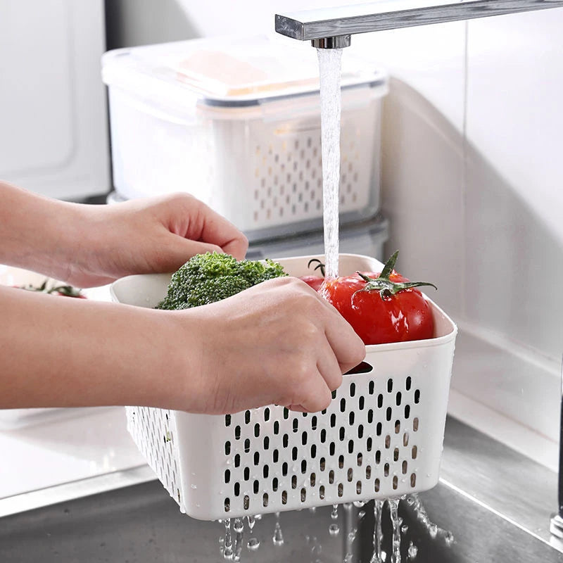 Double-Layer Fridge Organizer with Drain Basket & Sealed Lid