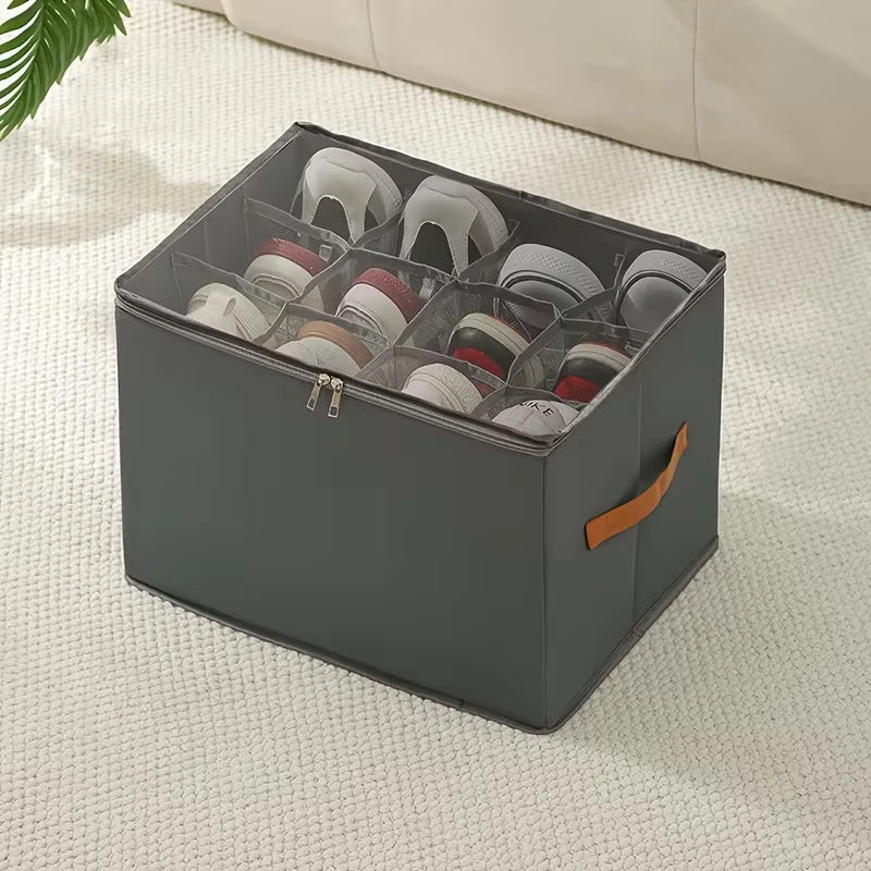 12-Grid Clear Foldable Shoe Organizer with Handle – Under Bed Storage
