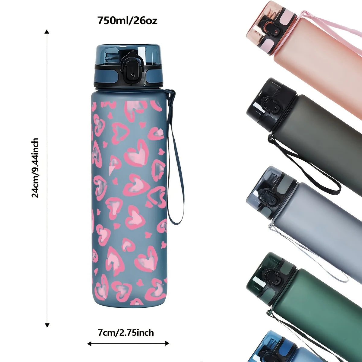 Heart Print Leakproof Sports Water Bottle 750ml