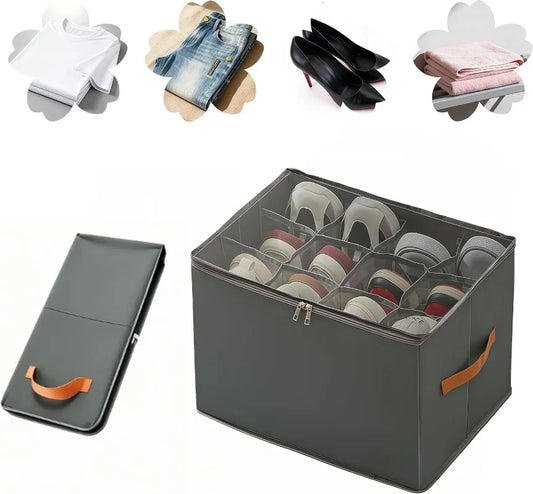 12-Grid Clear Foldable Shoe Organizer with Handle – Under Bed Storage