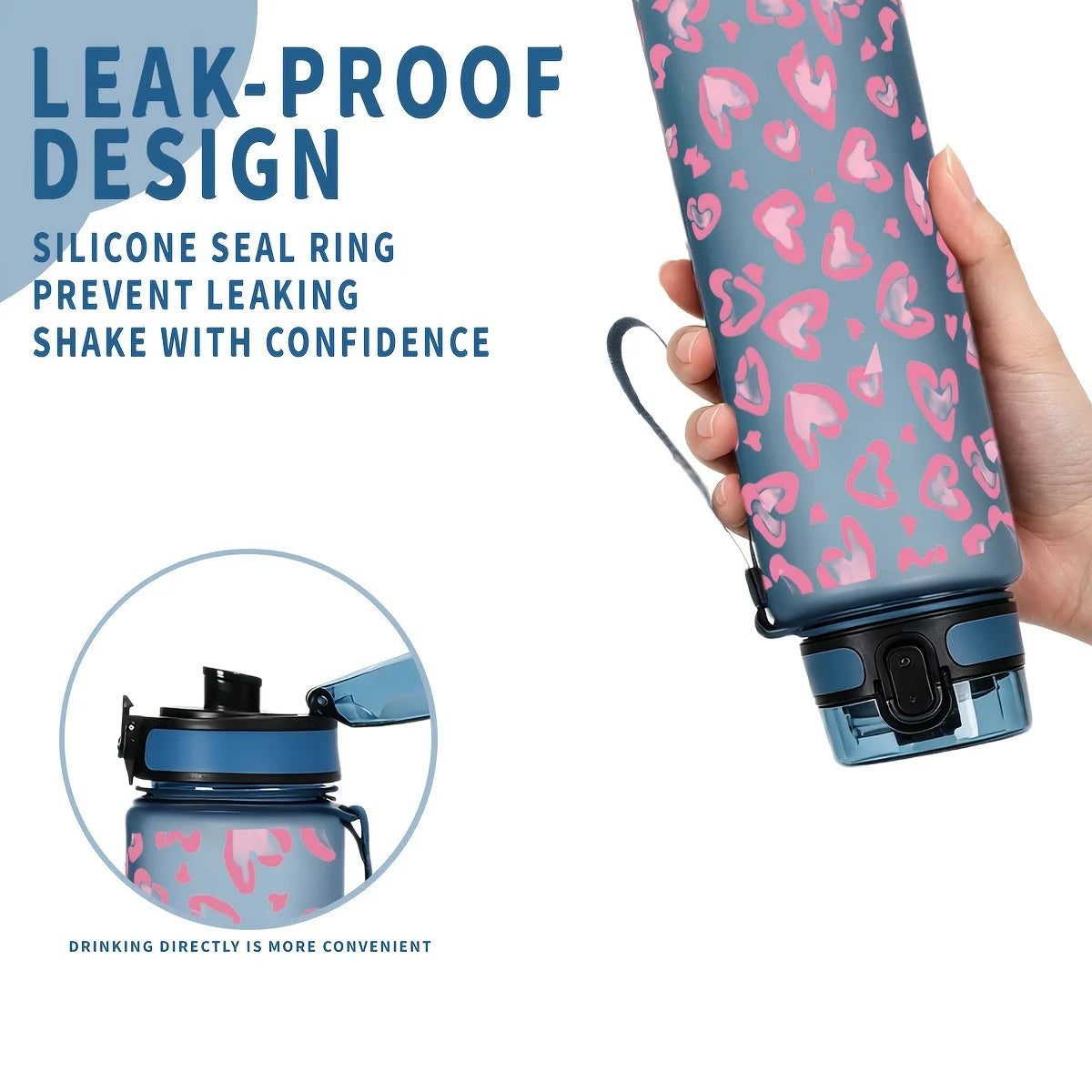 Heart Print Leakproof Sports Water Bottle 750ml