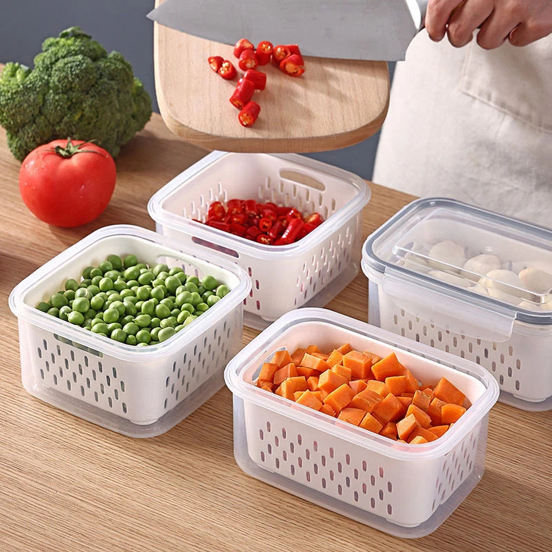 Double-Layer Fridge Organizer with Drain Basket & Sealed Lid